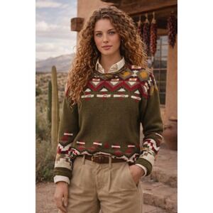 CHAUS Sport Handknit Folk Sweater Oversized VTG 80's Size M OliveGreenRed Cotton